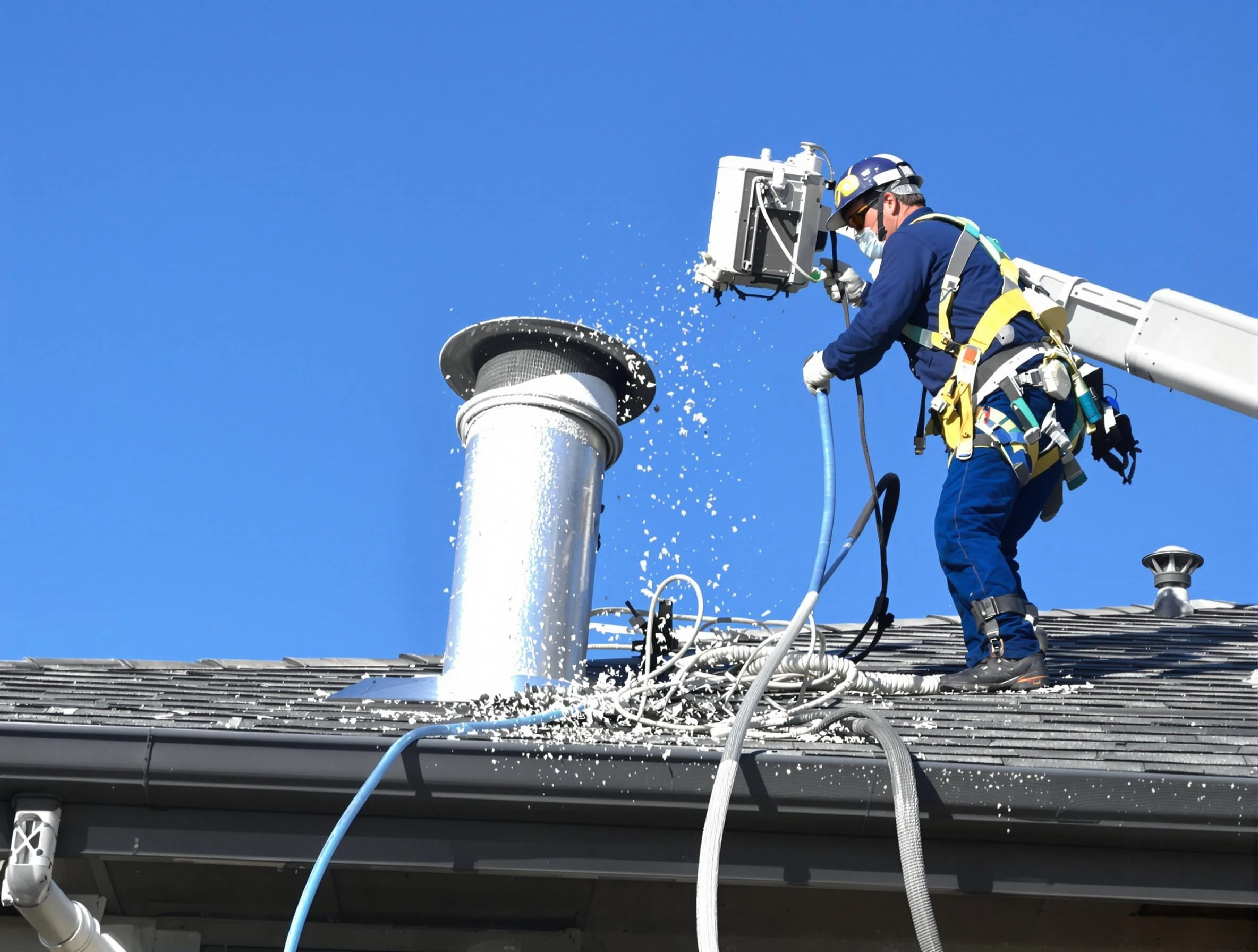 Odenville Dryer Vent Cleaning certified technician safely cleaning a roof-mounted dryer vent in Odenville